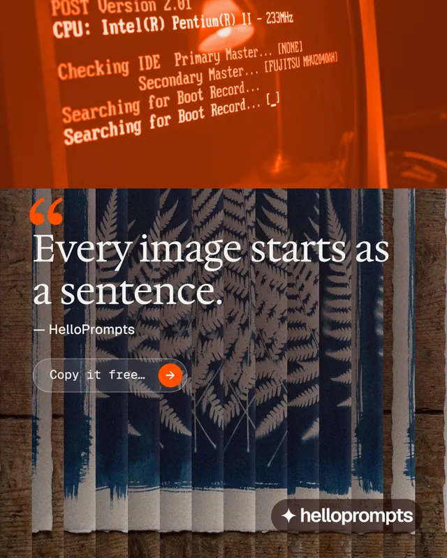 Instagram portrait post for HelloPrompts: "The art of speaking to machines." Agentic glass style, quote layout, dark palette in orange, black, grey.