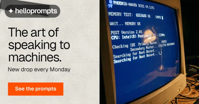 Social ad for HelloPrompts: "The art of speaking to machines." Swiss style, bottom layout, light palette in blue, orange, white.