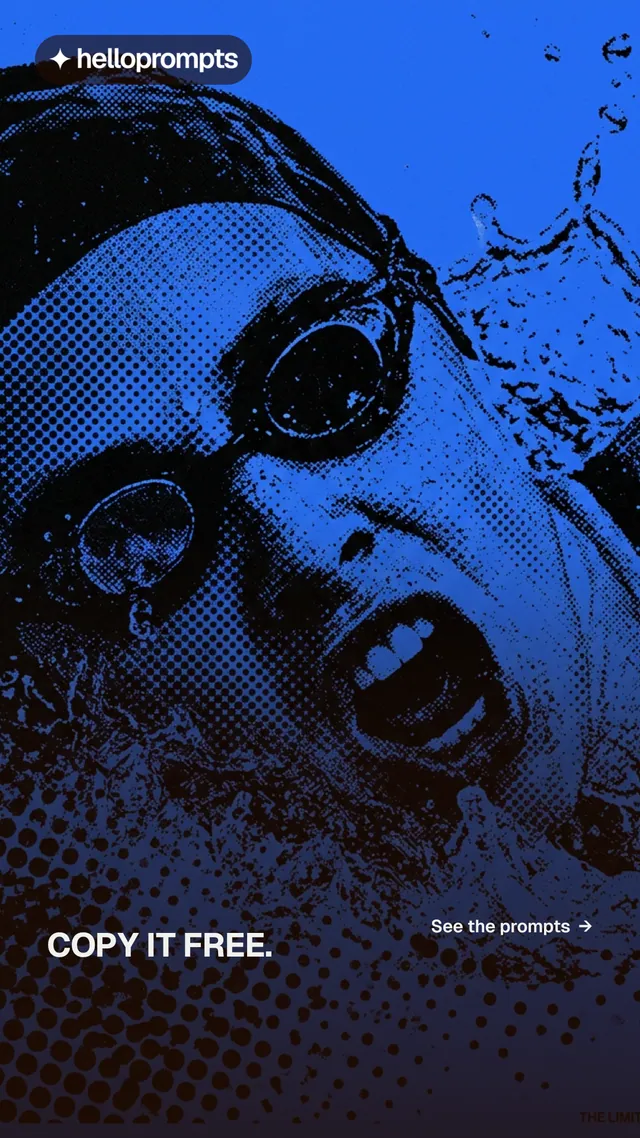 Instagram story for HelloPrompts: "Copy it free." Swiss style, image led layout, dark palette in blue, black.