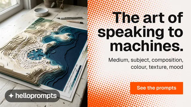 Landscape graphic for HelloPrompts: "The art of speaking to machines." Swiss style, right layout, light palette in orange, grey, white.