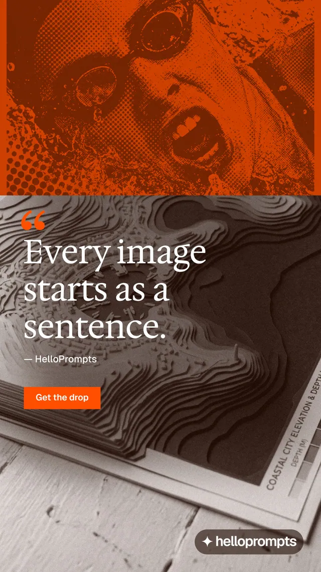 Instagram story for HelloPrompts: "Copy it free." Swiss style, quote layout, dark palette in orange, grey, brown.