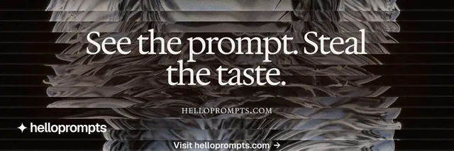X header for HelloPrompts: "See the prompt. Steal the taste." Agentic glass style, smallcaps layout, dark palette in black, grey.