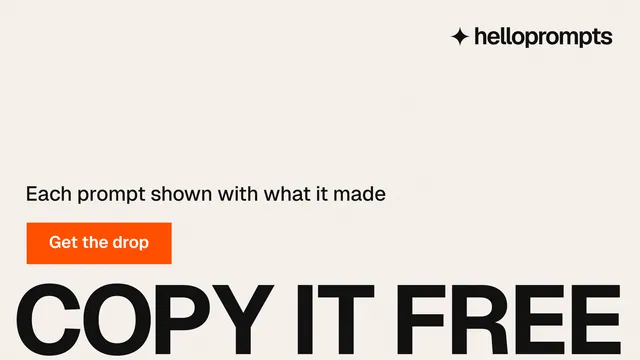 Landscape graphic for HelloPrompts: "Copy it free." Swiss style, oversized layout, light palette in white, grey.