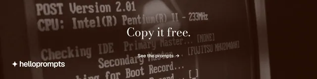 LinkedIn banner for HelloPrompts: "Copy it free." Minimal luxury style, centred layout, dark palette in black, orange, grey.