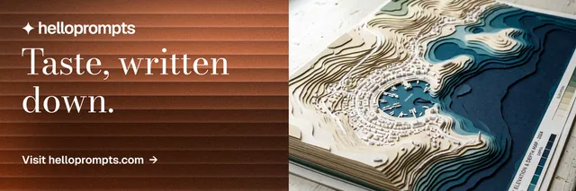 X header for HelloPrompts: "Taste, written down." Minimal luxury style, bottom layout, dark palette in grey, orange, black.
