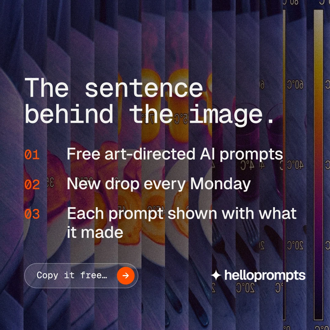 Instagram post for HelloPrompts: "The sentence behind the image." Agentic glass style, numbered layout, dark palette in purple, blue, grey.