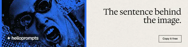 LinkedIn banner for HelloPrompts: "The sentence behind the image." Editorial style, right layout, light palette in yellow, black, blue.