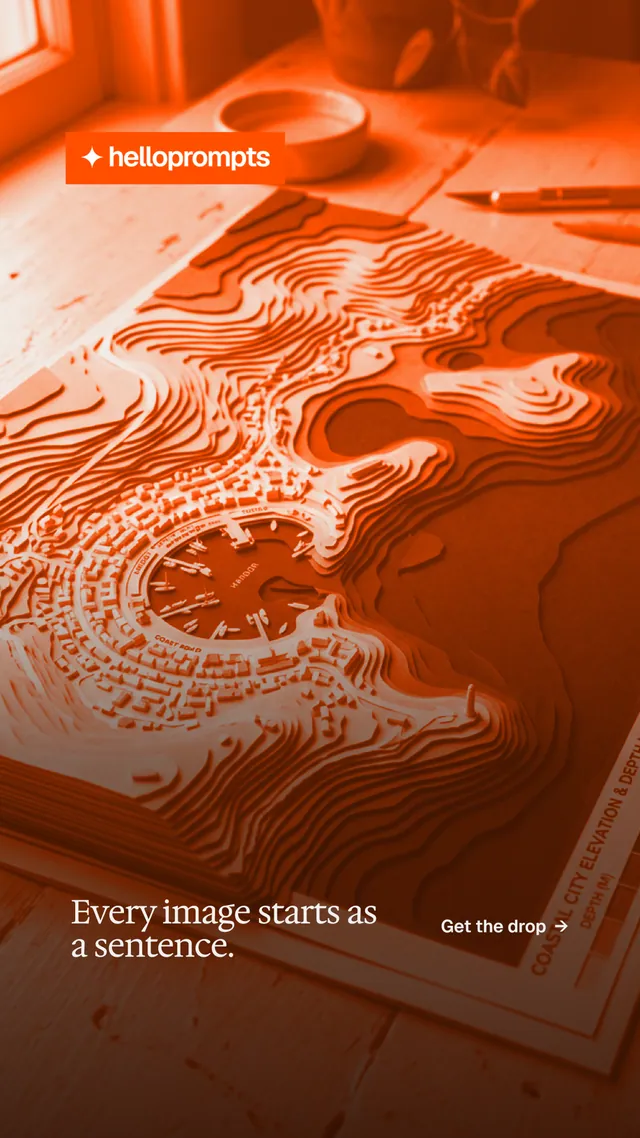 Instagram story for HelloPrompts: "Every image starts as a sentence." Editorial style, image led layout, dark palette in orange.