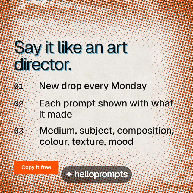 Instagram post for HelloPrompts: "Say it like an art director." Swiss style, numbered layout, light palette in orange, brown.