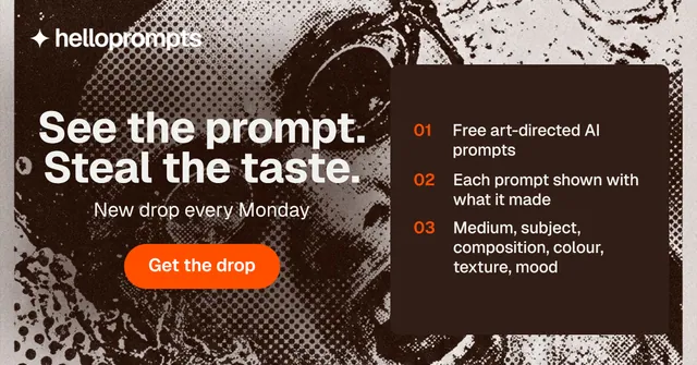 Social ad for HelloPrompts: "See the prompt. Steal the taste." Photo poster style, skeleton layout, dark palette in orange, grey, black.