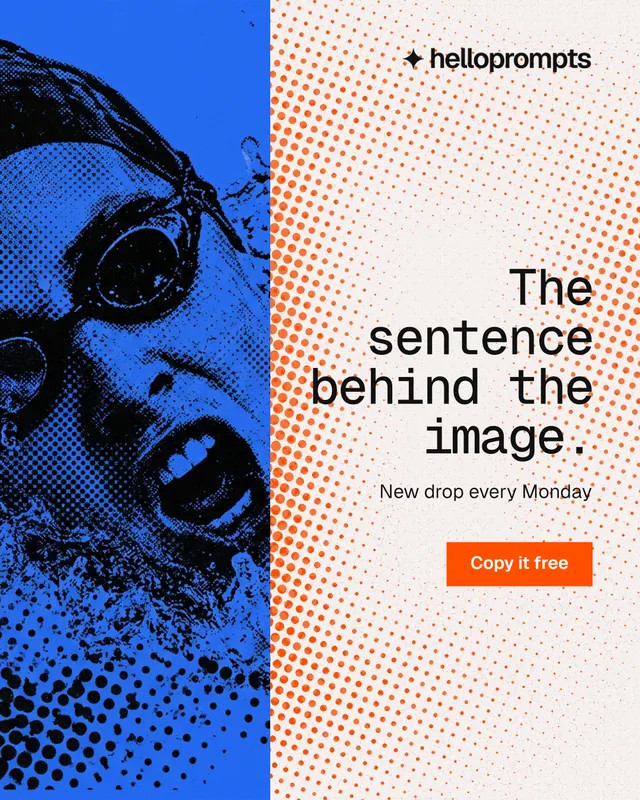 Instagram portrait post for HelloPrompts: "The sentence behind the image." Swiss style, right layout, light palette in blue, orange, white.