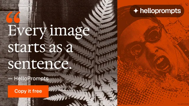 Landscape graphic for HelloPrompts: "Copy it free." Swiss style, quote layout, dark palette in orange, grey, brown.