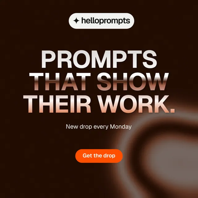 Instagram post for HelloPrompts: "Prompts that show their work." Y2K style, centred layout, dark palette in black, orange, grey.