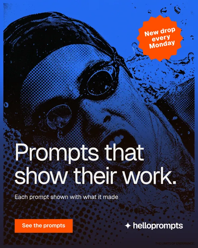 Instagram portrait post for HelloPrompts: "Prompts that show their work." Swiss style, sticker layout, dark palette in purple, black, blue.