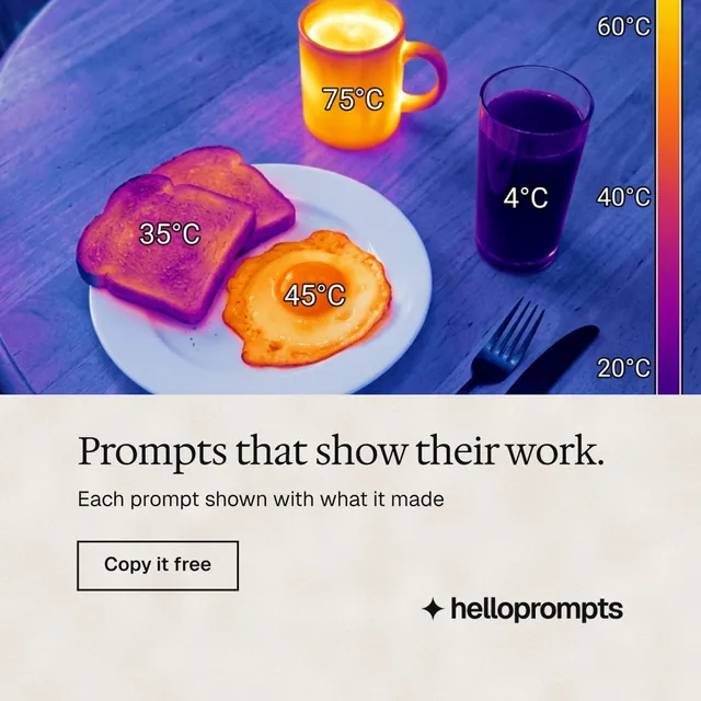 Instagram post for HelloPrompts: "Prompts that show their work." Editorial style, bottom layout, light palette in blue, purple, orange.