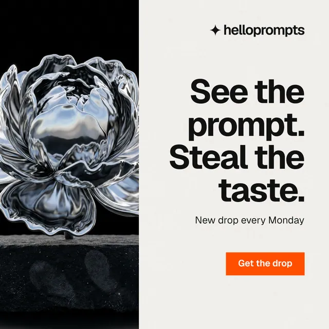 Instagram post for HelloPrompts: "See the prompt. Steal the taste." Swiss style, right layout, light palette in white, black, grey.