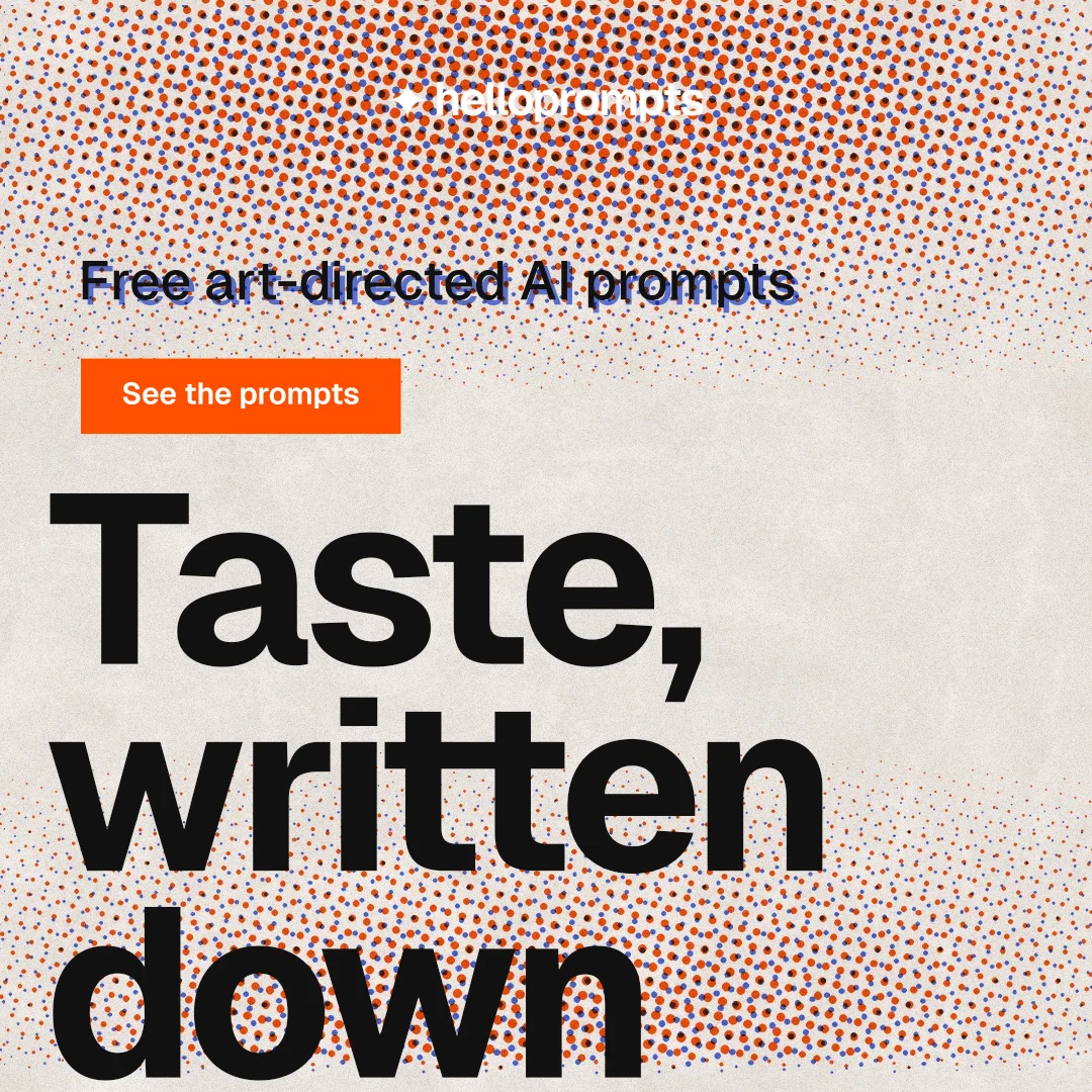Instagram post for HelloPrompts: "Say it like an art director." Swiss style, oversized layout, light palette in red, orange, grey.