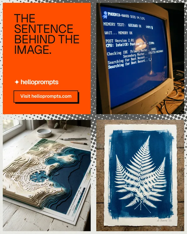 Instagram portrait post for HelloPrompts: "The sentence behind the image." Brutalist style, collage layout, light palette in blue, orange, grey.