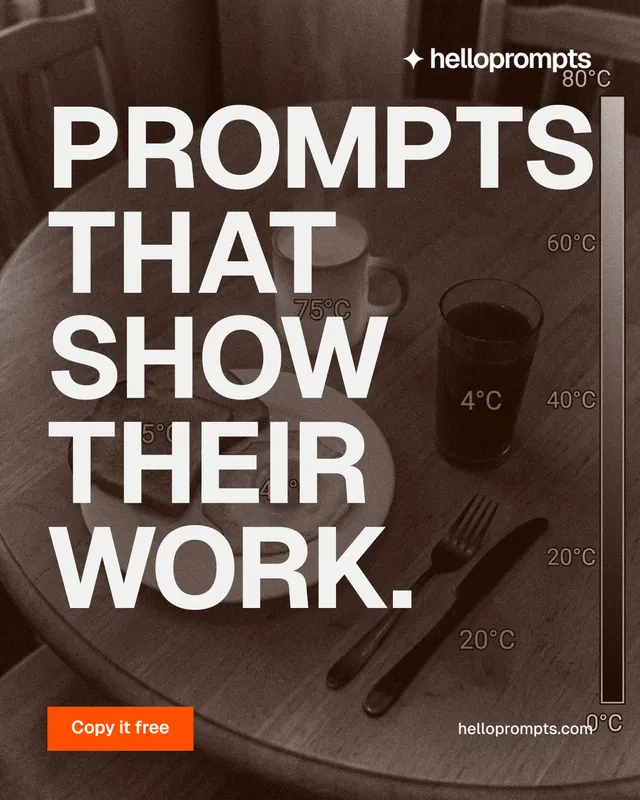 Instagram portrait post for HelloPrompts: "Prompts that show their work." Swiss style, poster layout, dark palette in orange, white, grey.