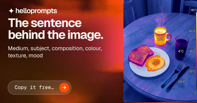Social ad for HelloPrompts: "The sentence behind the image." Agentic glass style, skeleton layout, dark palette in red, pink, blue.