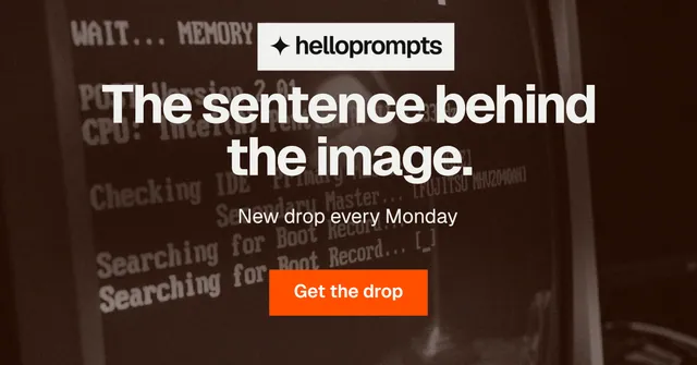 Social ad for HelloPrompts: "The sentence behind the image." Swiss style, centred layout, dark palette in orange, black, grey.