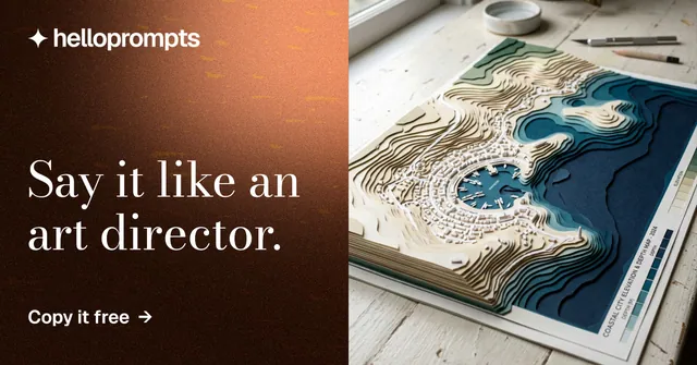 Social ad for HelloPrompts: "Say it like an art director." Minimal luxury style, bottom layout, dark palette in black, orange, grey.