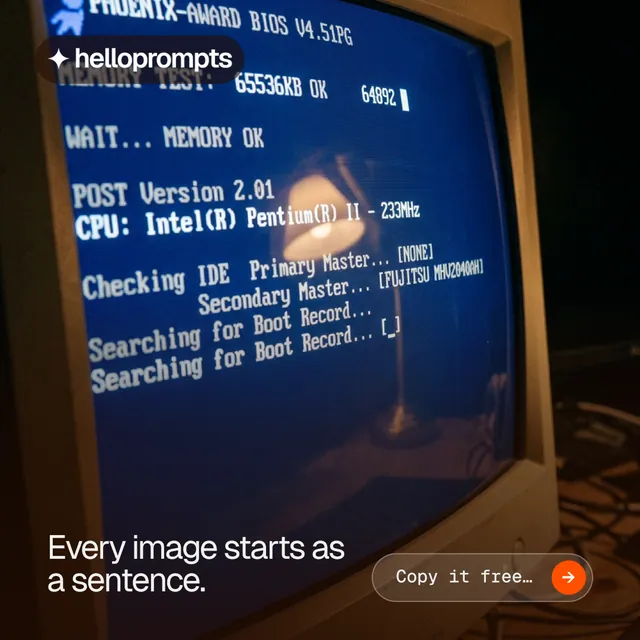 Instagram post for HelloPrompts: "Every image starts as a sentence." Agentic glass style, image led layout, dark palette in blue, grey, red.