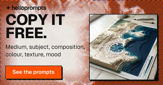 Social ad for HelloPrompts: "Copy it free." Brutalist style, skeleton layout, light palette in orange.