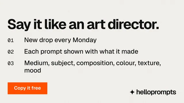 Landscape graphic for HelloPrompts: "Say it like an art director." Swiss style, numbered layout, light palette in white, grey.