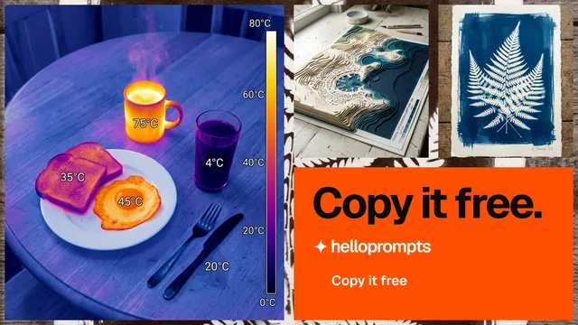 Landscape graphic for HelloPrompts: "Copy it free." Swiss style, collage layout, dark palette in blue, red, grey.