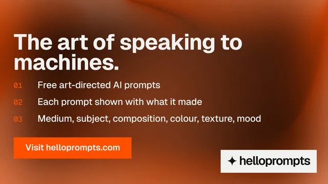 Landscape graphic for HelloPrompts: "The art of speaking to machines." Swiss style, numbered layout, dark palette in orange, brown.