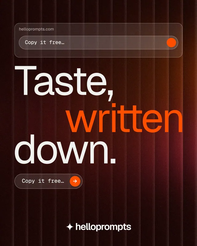 Instagram portrait post for HelloPrompts: "Taste, written down." Agentic glass style, stacked layout, dark palette in black, red.
