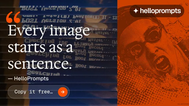 Landscape graphic for HelloPrompts: "Every image starts as a sentence." Agentic glass style, quote layout, dark palette in blue, orange, grey.