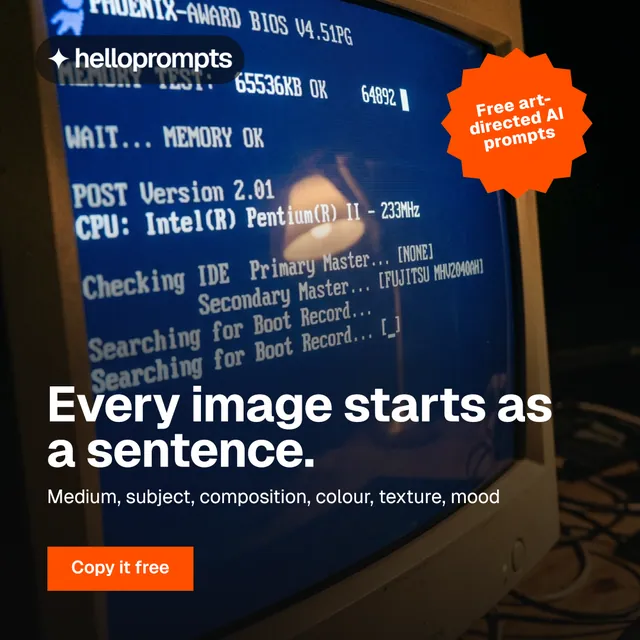 Instagram post for HelloPrompts: "Every image starts as a sentence." Swiss style, sticker layout, dark palette in blue, black, grey.