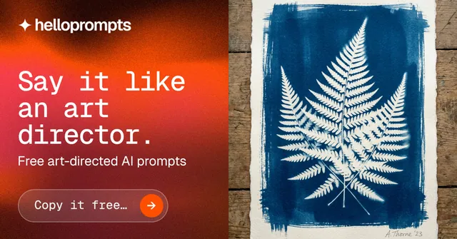 Social ad for HelloPrompts: "Say it like an art director." Agentic glass style, bottom layout, dark palette in red, black, white.
