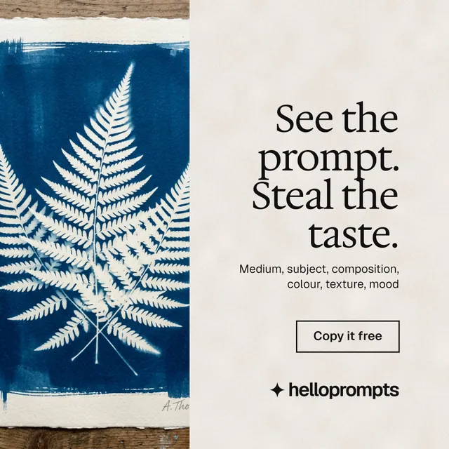 Instagram post for HelloPrompts: "See the prompt. Steal the taste." Editorial style, right layout, light palette in orange, blue, grey.