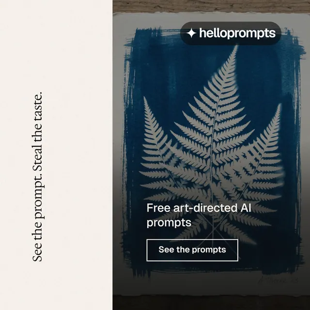 Instagram post for HelloPrompts: "See the prompt. Steal the taste." Editorial style, vertical layout, light palette in white, grey, black.