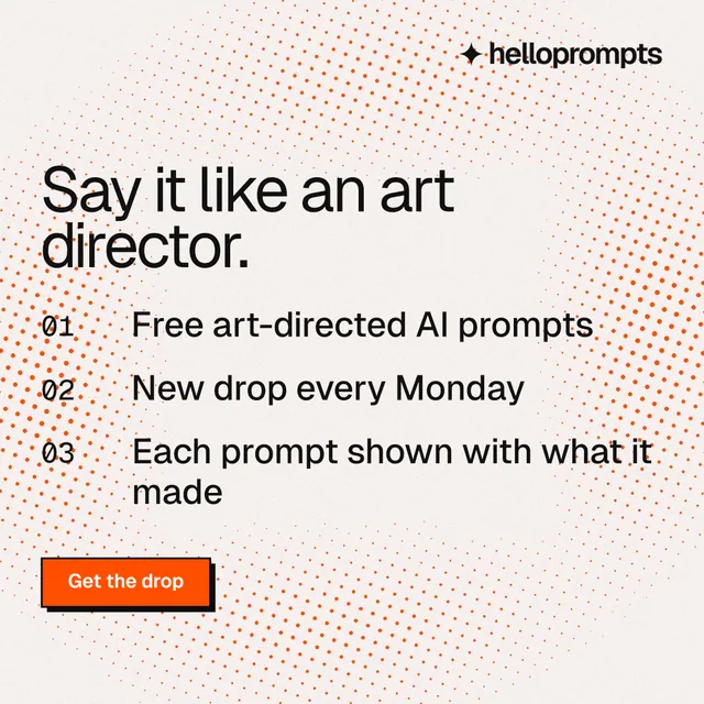 Instagram post for HelloPrompts: "Say it like an art director." Brutalist style, numbered layout, light palette in white, grey.