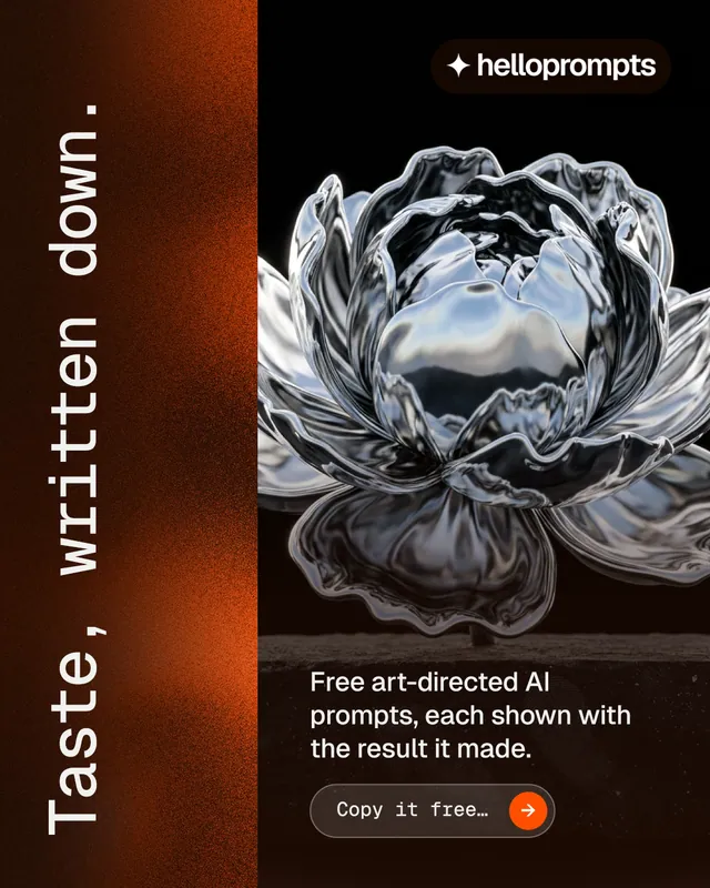 Instagram portrait post for HelloPrompts: "Taste, written down." Agentic glass style, vertical layout, dark palette in black, orange, grey.