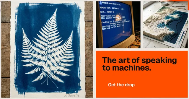 Social ad for HelloPrompts: "The art of speaking to machines." Swiss style, collage layout, light palette in blue, orange, grey.
