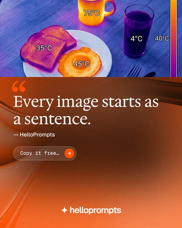 Instagram portrait post for HelloPrompts: "Taste, written down." Agentic glass style, quote layout, dark palette in red, orange.