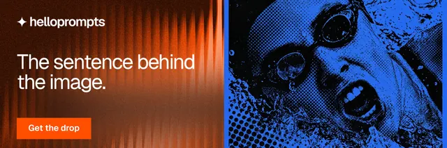 X header for HelloPrompts: "The sentence behind the image." Swiss style, bottom layout, dark palette in black, orange, blue.