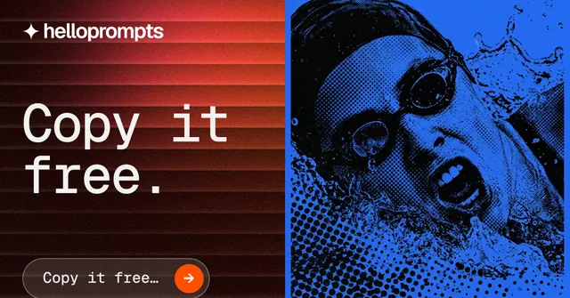 Social ad for HelloPrompts: "Copy it free." Agentic glass style, bottom layout, dark palette in blue, black, pink.