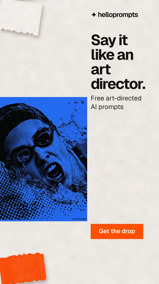 Instagram story for HelloPrompts: "Say it like an art director." Swiss style, skeleton layout, light palette in orange, blue, grey.