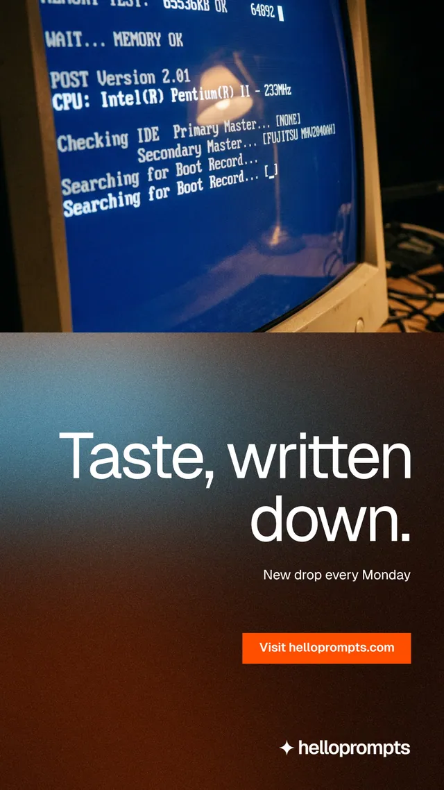 Instagram story for HelloPrompts: "Taste, written down." Swiss style, right layout, dark palette in orange, blue, black.