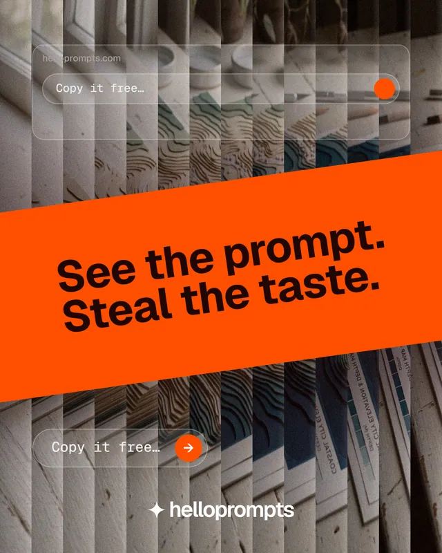 Instagram portrait post for HelloPrompts: "See the prompt. Steal the taste." Agentic glass style, diagonal layout, dark palette in orange, grey.