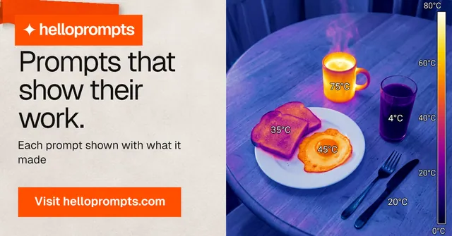 Social ad for HelloPrompts: "Prompts that show their work." Swiss style, bottom layout, light palette in blue, orange, pink.