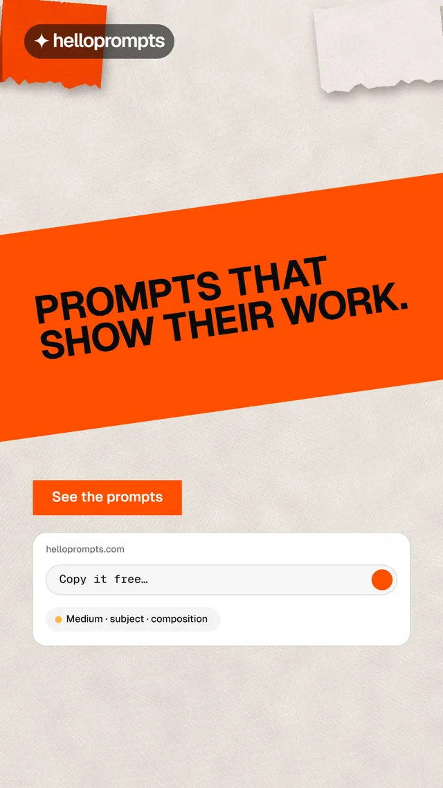 Instagram story for HelloPrompts: "Prompts that show their work." Swiss style, diagonal layout, light palette in orange, white.