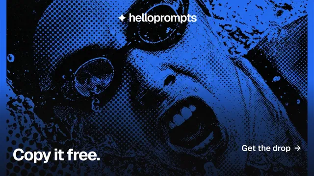 Landscape graphic for HelloPrompts: "Copy it free." Swiss style, image led layout, dark palette in blue, black.