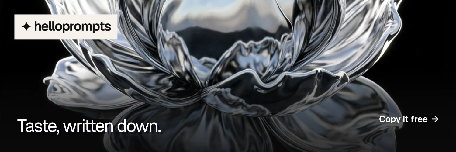 X header for HelloPrompts: "Taste, written down." Swiss style, image led layout, dark palette in black, grey.